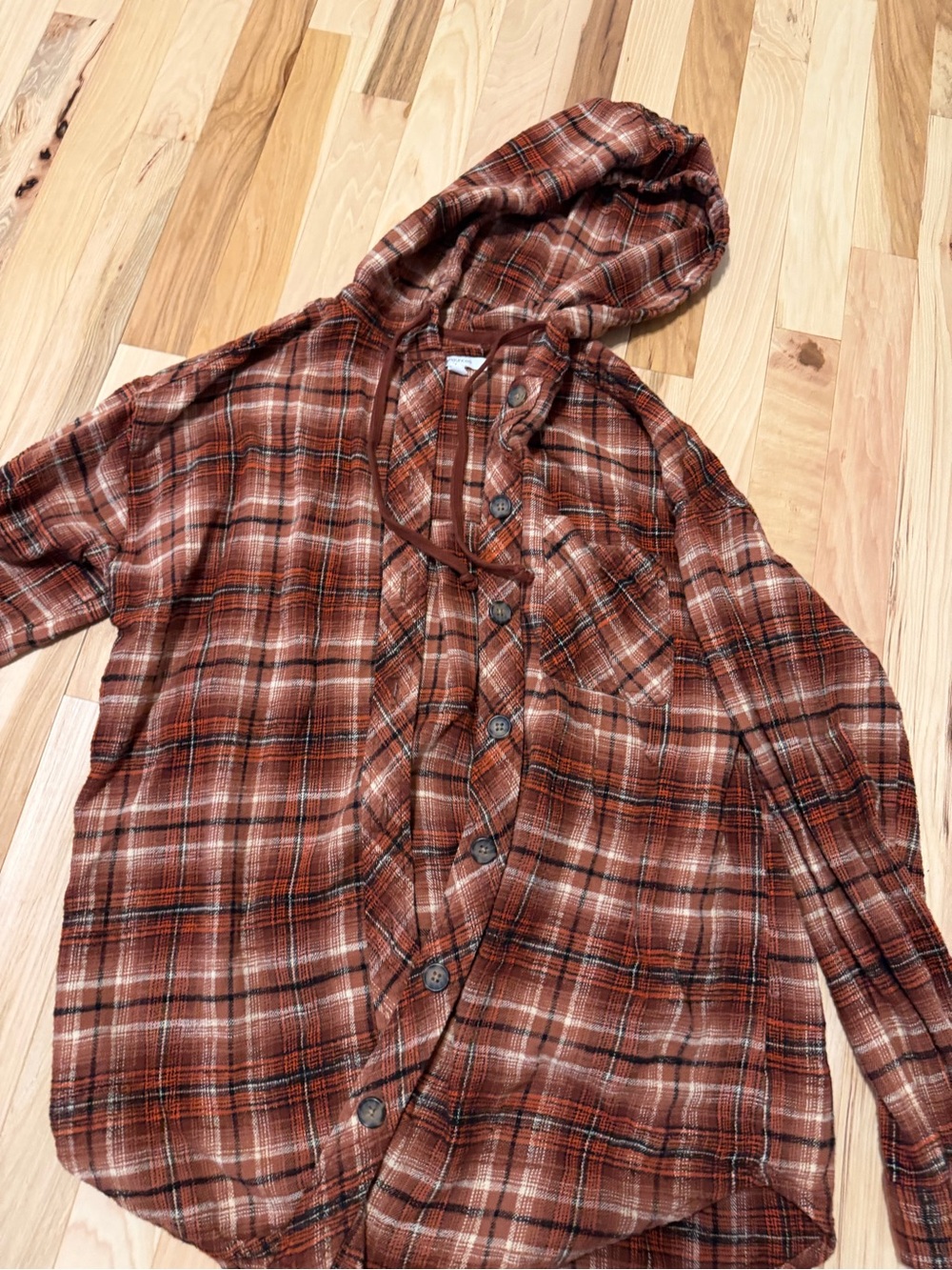 Maurices Rust Brown Plaid Hooded Button-Down Shirt